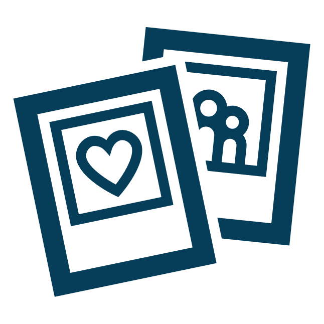 A navy blue icon of two overlapping picture frames, one with a heart symbol and the other with three silhouetted figures, representing memorable content.