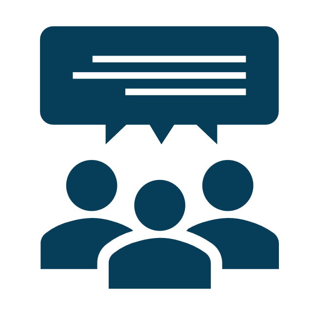 A navy blue icon depicting three stylized figures with a shared speech bubble above them, indicating a group engaged in discussion or research, with the focus on communication and listening.