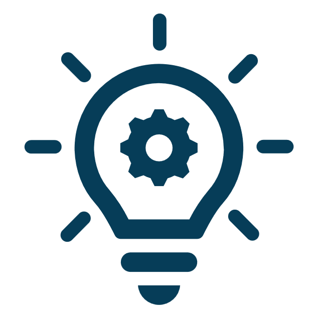 A navy blue Icon of a light bulb with a gear inside, symbolizing the fusion of ideas and mechanics indicative of authentic creativity.