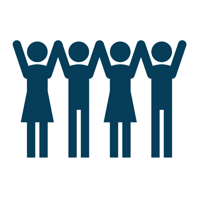 A navy blue icon depicting four stylized human figures with raised arms connected at the hands, symbolizing unity and strength. The figures vary in height and width, representing diversity and inclusivity. The icon is set against a plain background, emphasizing collaboration and empowerment to thrive amidst change.