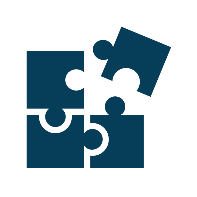 A navy blue four-piece jigsaw puzzle icon with interlocking parts in a deep shade of blue, symbolizing interconnectedness and strategic planning in purpose-driven strategies.